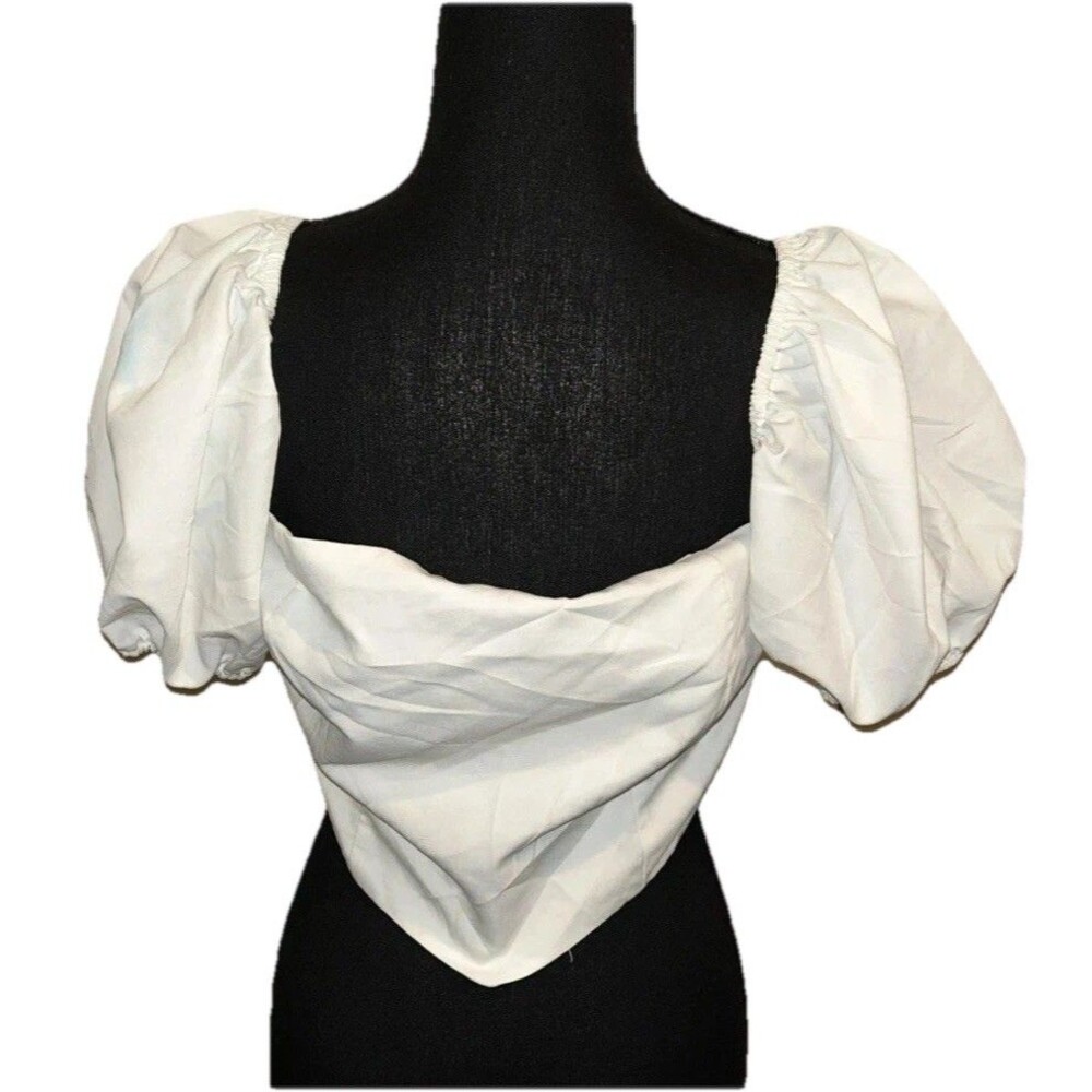Cider XL White Puff Sleeves Full Zip Crop Top